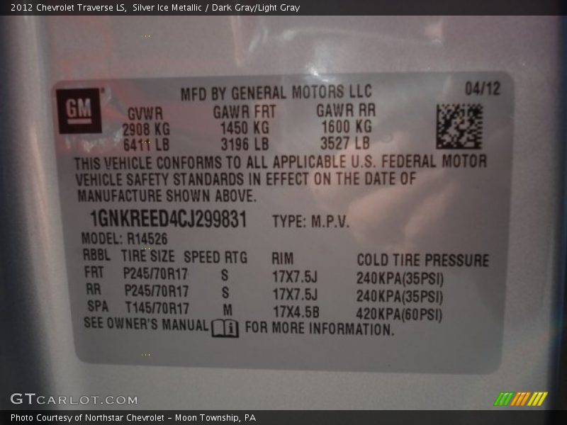 Silver Ice Metallic / Dark Gray/Light Gray 2012 Chevrolet Traverse LS