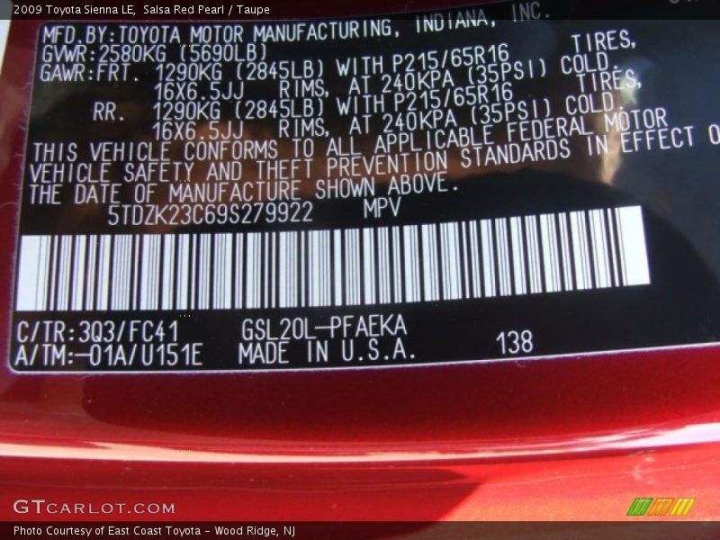 Salsa Red Pearl / Taupe 2009 Toyota Sienna LE