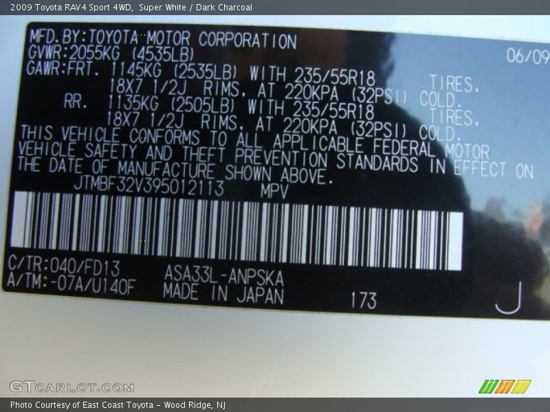 Super White / Dark Charcoal 2009 Toyota RAV4 Sport 4WD