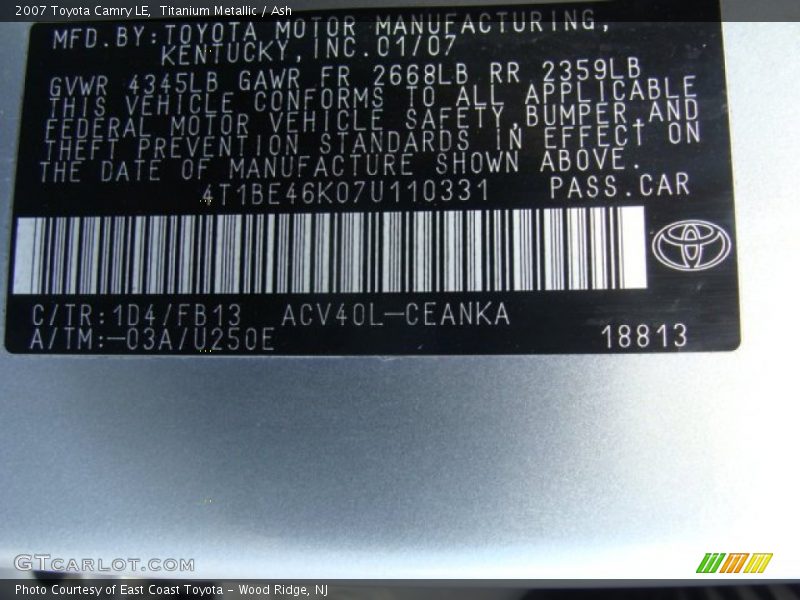 Titanium Metallic / Ash 2007 Toyota Camry LE