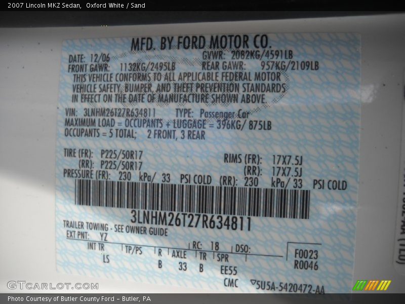 Oxford White / Sand 2007 Lincoln MKZ Sedan