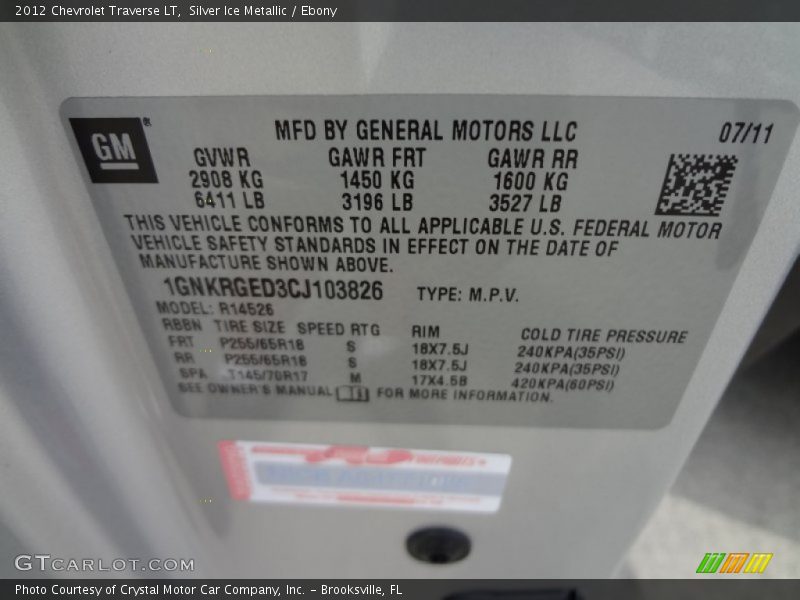 Silver Ice Metallic / Ebony 2012 Chevrolet Traverse LT