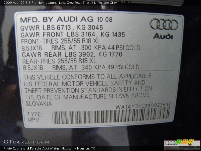 Lava Grey Pearl Effect / Limestone Grey 2009 Audi Q7 3.6 Premium quattro