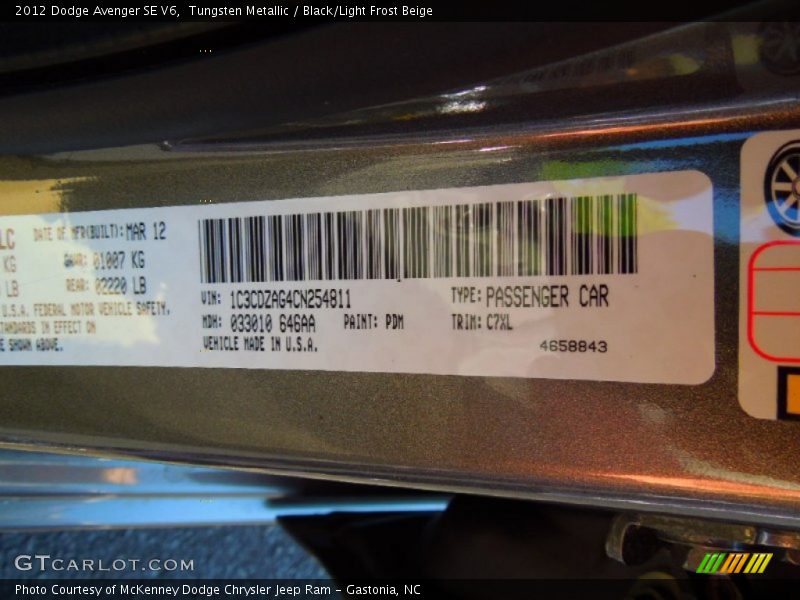 2012 Avenger SE V6 Tungsten Metallic Color Code PDM