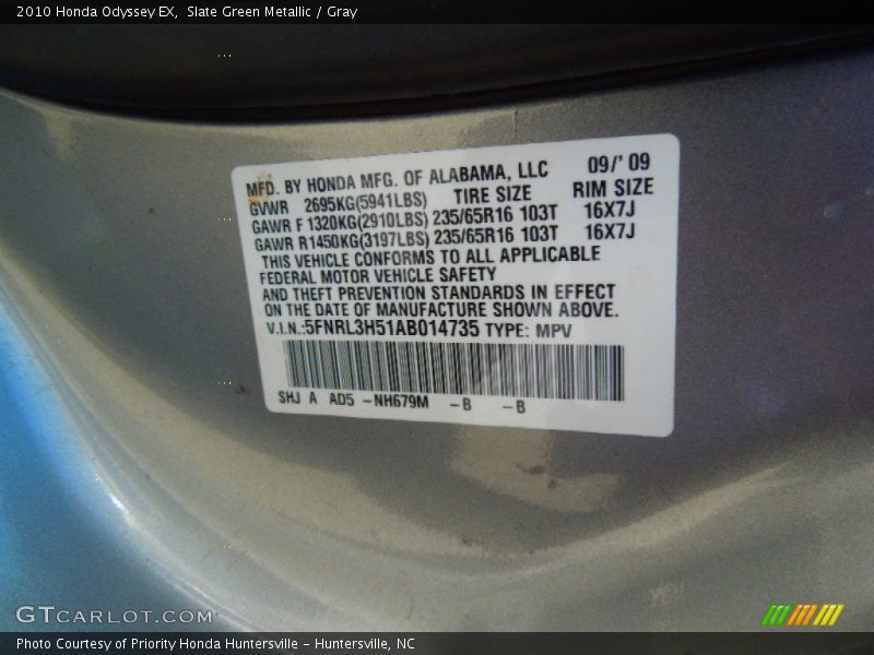 Slate Green Metallic / Gray 2010 Honda Odyssey EX