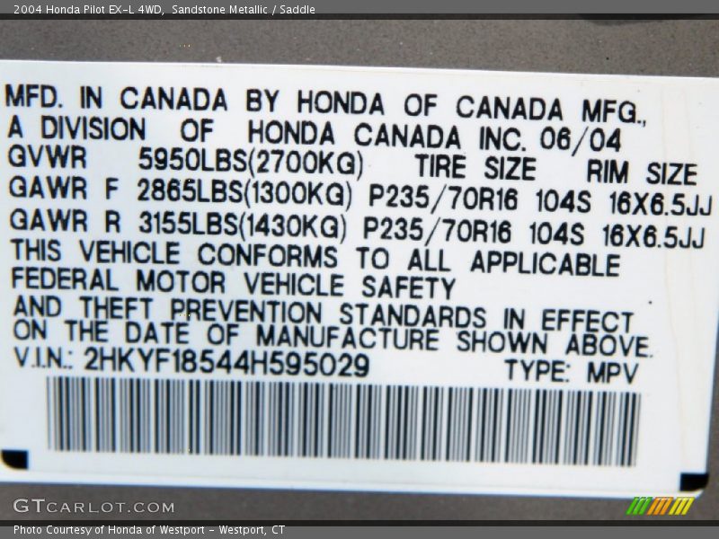 Sandstone Metallic / Saddle 2004 Honda Pilot EX-L 4WD