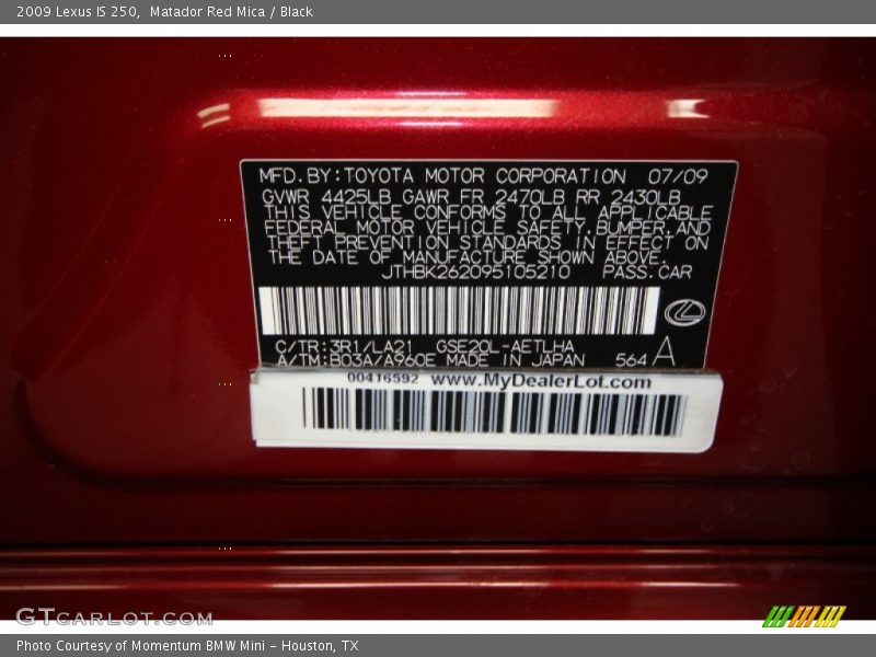 Matador Red Mica / Black 2009 Lexus IS 250