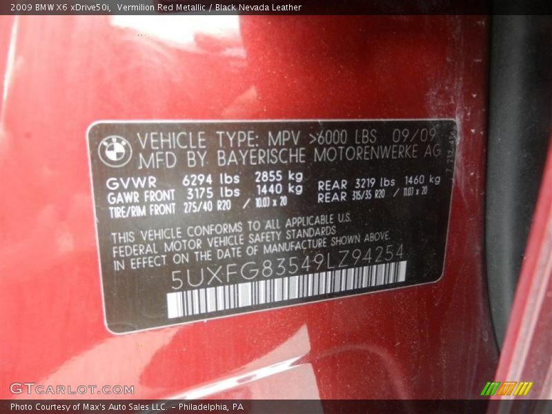 Vermilion Red Metallic / Black Nevada Leather 2009 BMW X6 xDrive50i