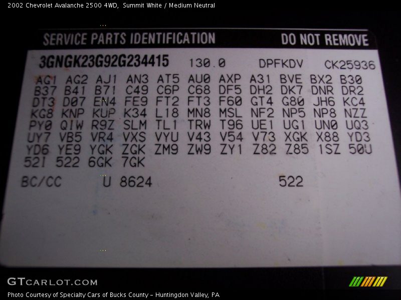 2002 Avalanche 2500 4WD Summit White Color Code 8624