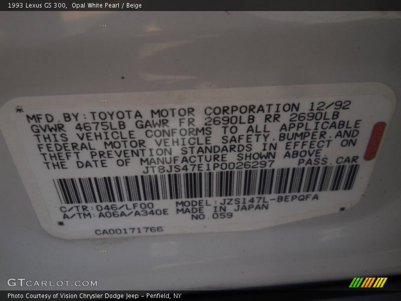 Opal White Pearl / Beige 1993 Lexus GS 300