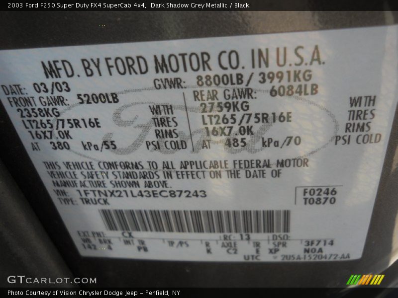 2003 F250 Super Duty FX4 SuperCab 4x4 Dark Shadow Grey Metallic Color Code CX