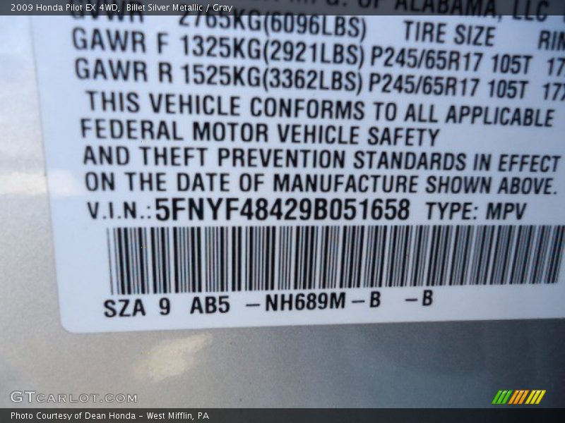 Billet Silver Metallic / Gray 2009 Honda Pilot EX 4WD