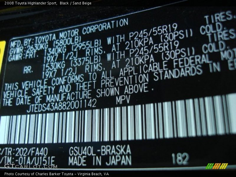 Black / Sand Beige 2008 Toyota Highlander Sport