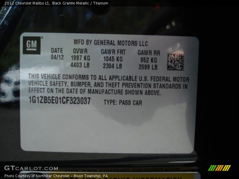 Black Granite Metallic / Titanium 2012 Chevrolet Malibu LS