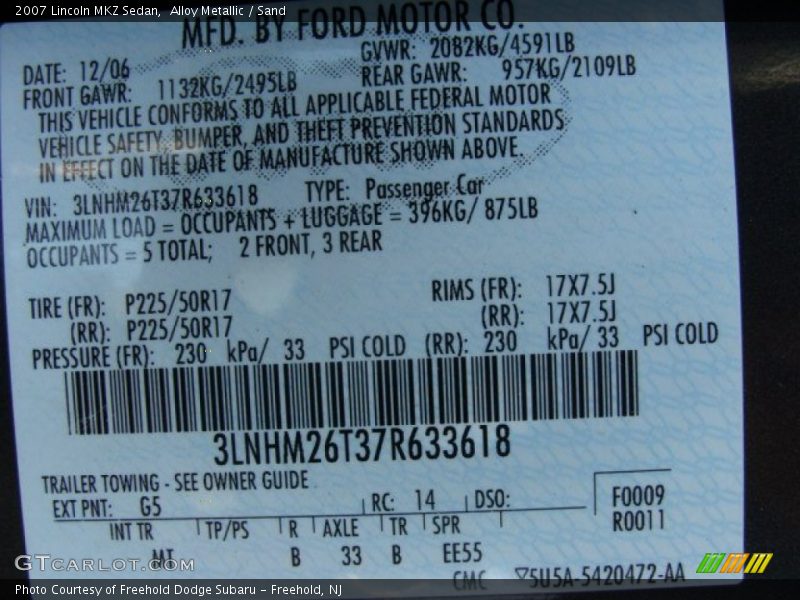 Alloy Metallic / Sand 2007 Lincoln MKZ Sedan