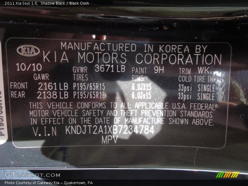 Shadow Black / Black Cloth 2011 Kia Soul 1.6