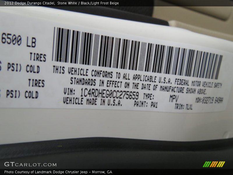 2012 Durango Citadel Stone White Color Code PW1