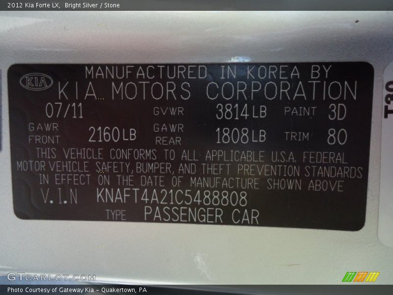 Bright Silver / Stone 2012 Kia Forte LX