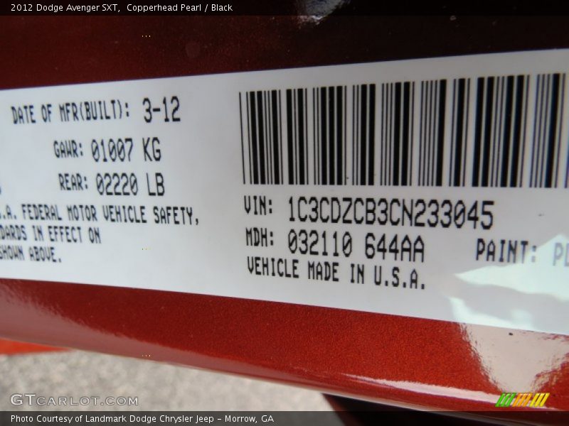 Copperhead Pearl / Black 2012 Dodge Avenger SXT