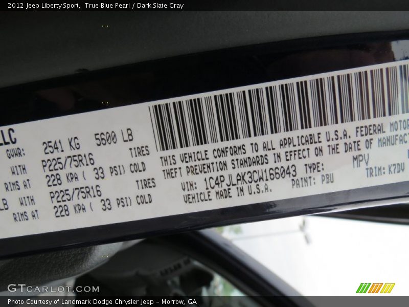 True Blue Pearl / Dark Slate Gray 2012 Jeep Liberty Sport
