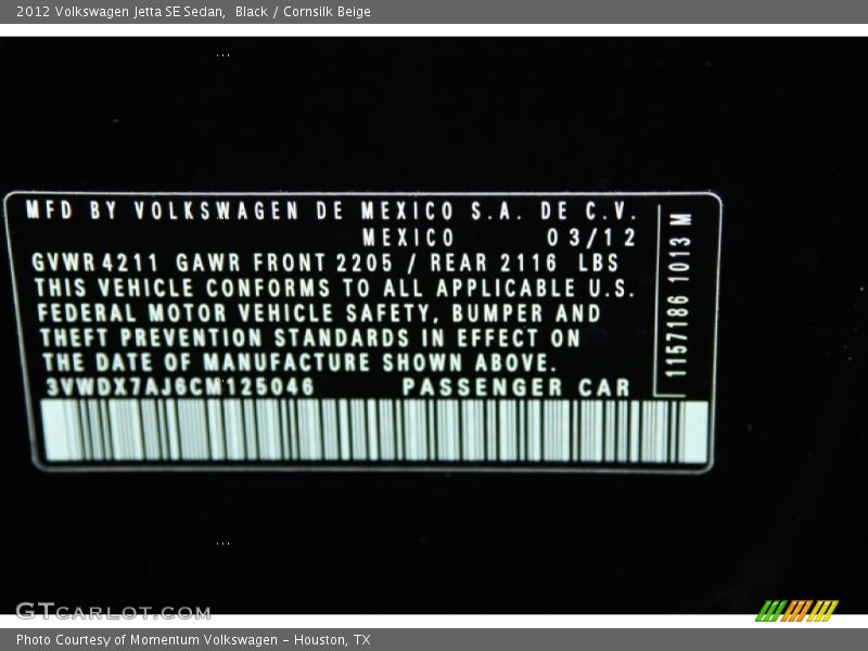 Black / Cornsilk Beige 2012 Volkswagen Jetta SE Sedan