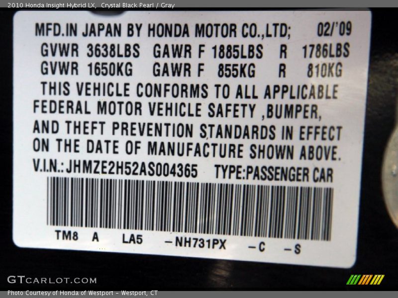 Crystal Black Pearl / Gray 2010 Honda Insight Hybrid LX