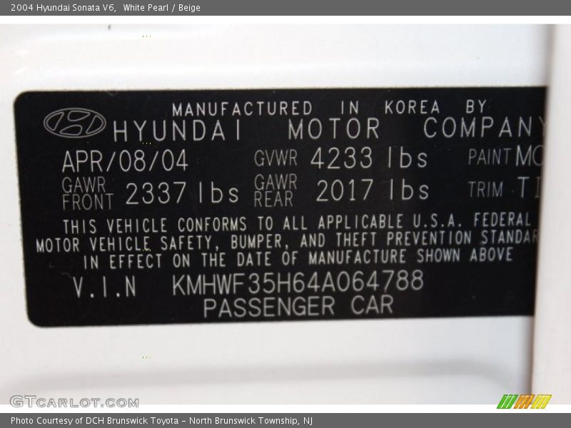 White Pearl / Beige 2004 Hyundai Sonata V6
