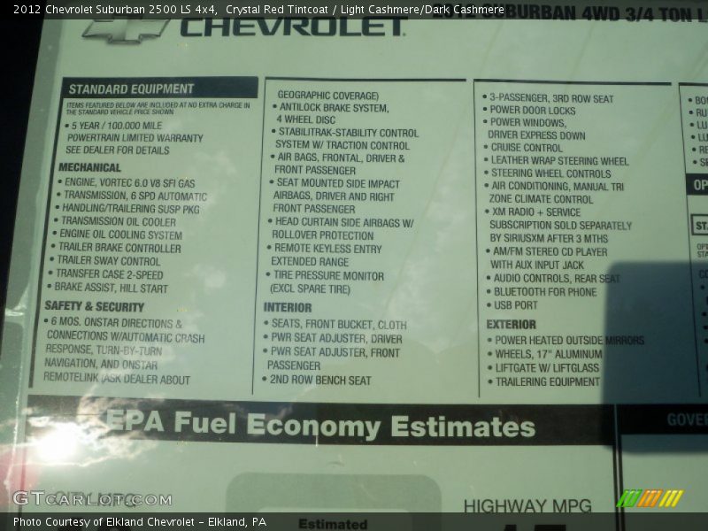  2012 Suburban 2500 LS 4x4 Window Sticker