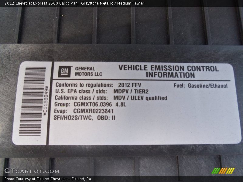 Info Tag of 2012 Express 2500 Cargo Van