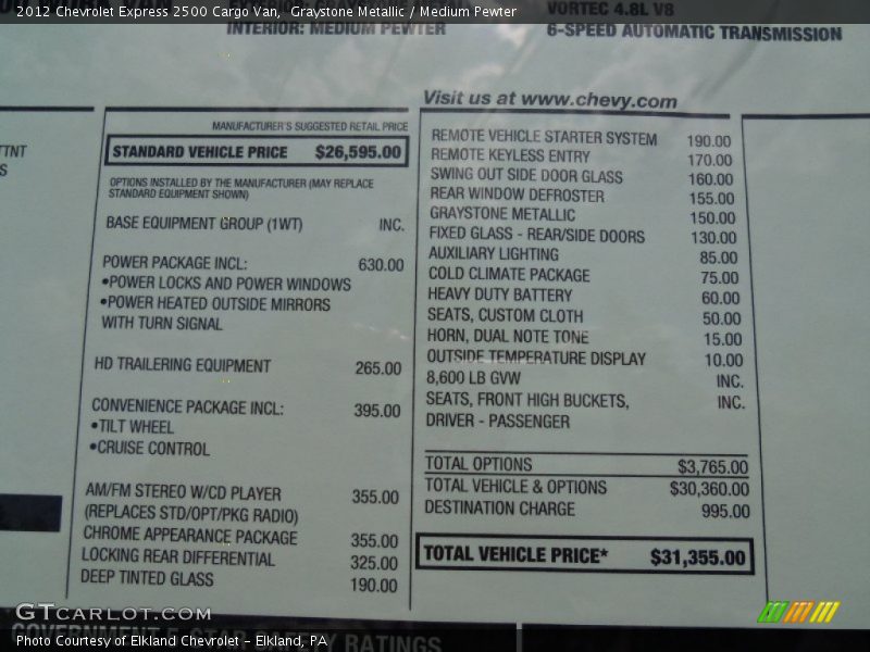  2012 Express 2500 Cargo Van Window Sticker