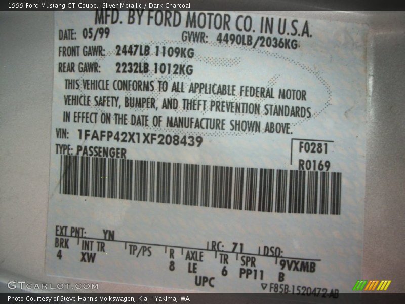 1999 Mustang GT Coupe Silver Metallic Color Code YN