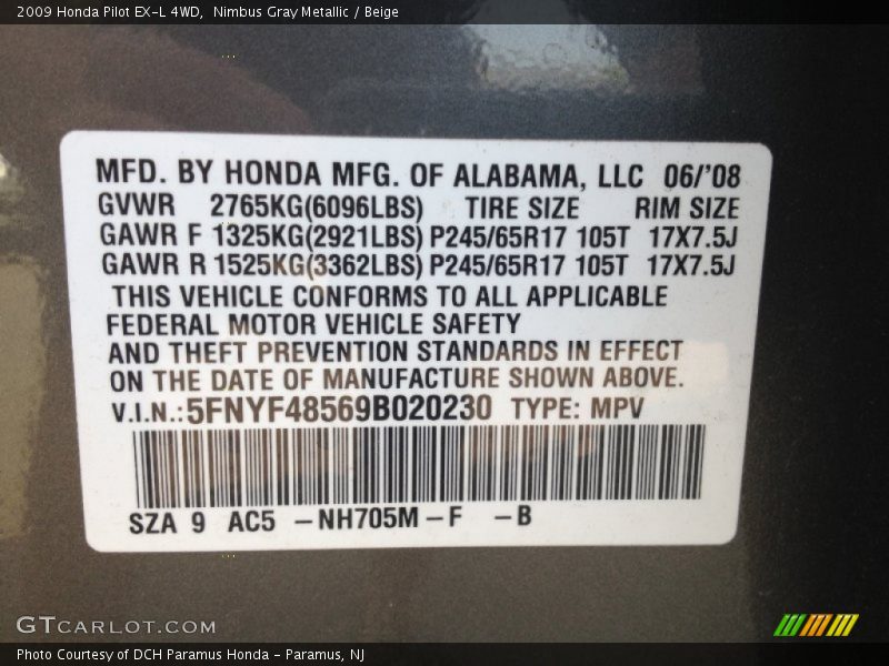 Nimbus Gray Metallic / Beige 2009 Honda Pilot EX-L 4WD