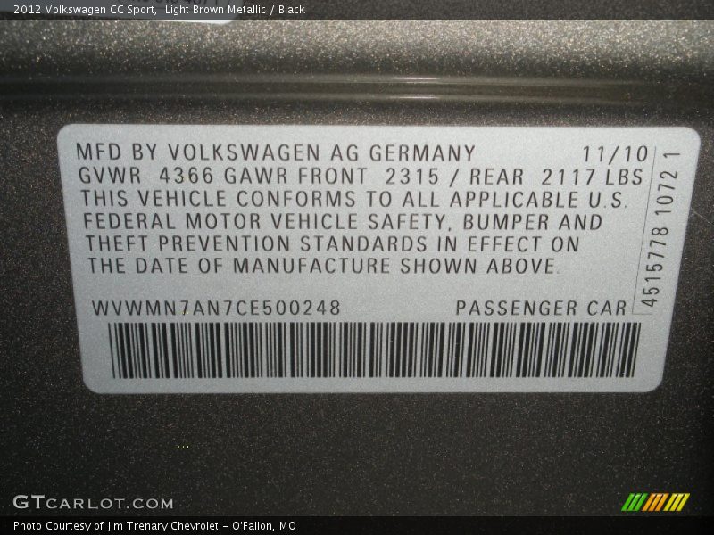 Light Brown Metallic / Black 2012 Volkswagen CC Sport