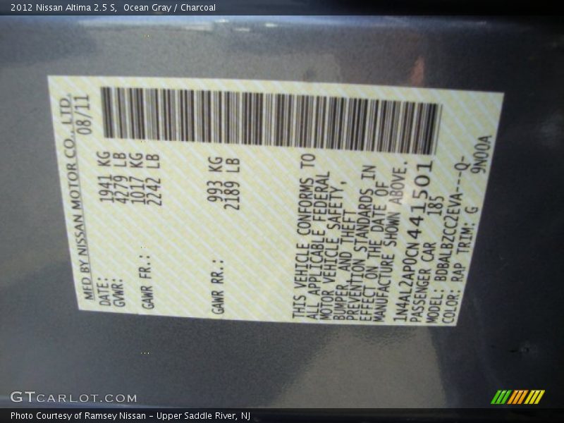 Ocean Gray / Charcoal 2012 Nissan Altima 2.5 S