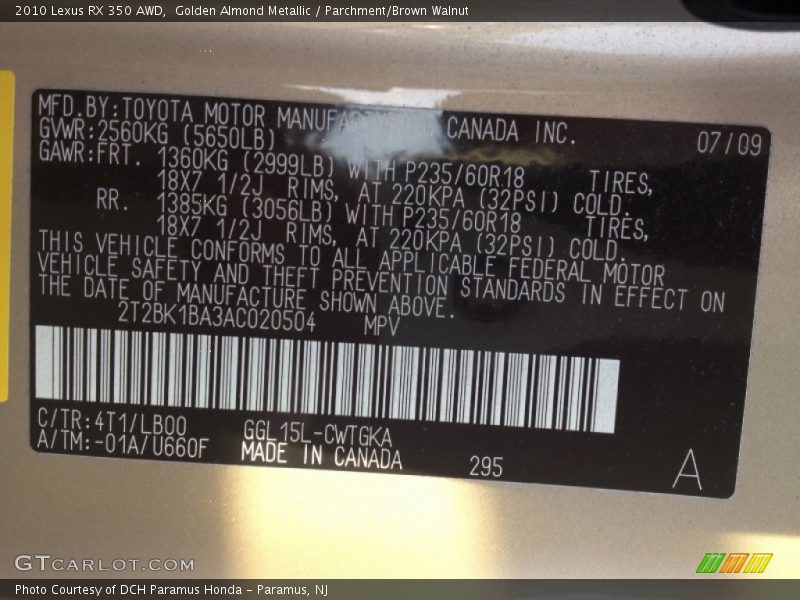Golden Almond Metallic / Parchment/Brown Walnut 2010 Lexus RX 350 AWD