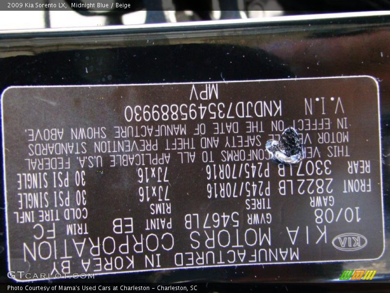 Midnight Blue / Beige 2009 Kia Sorento LX