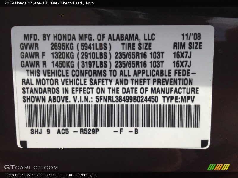 Dark Cherry Pearl / Ivory 2009 Honda Odyssey EX