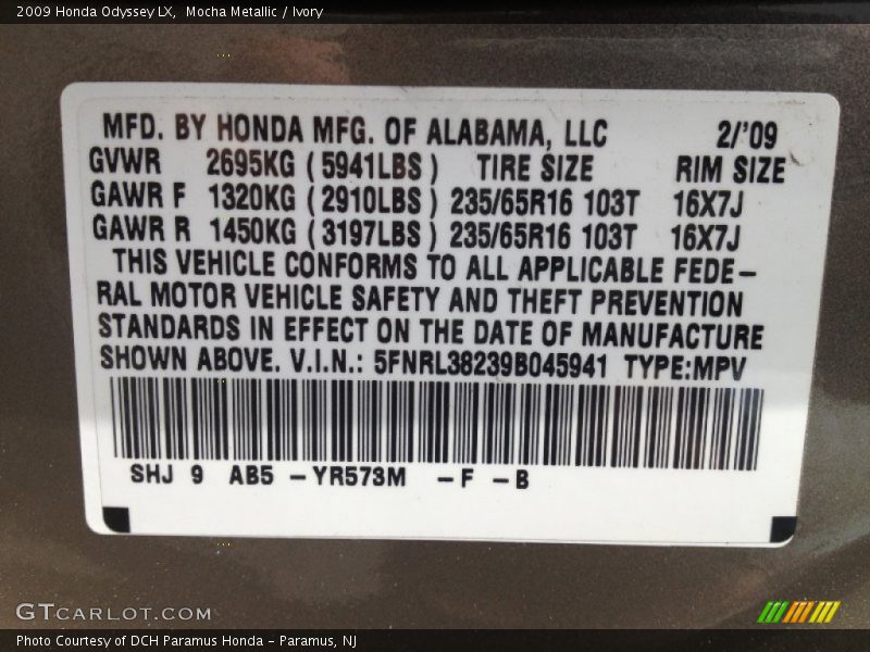 Mocha Metallic / Ivory 2009 Honda Odyssey LX