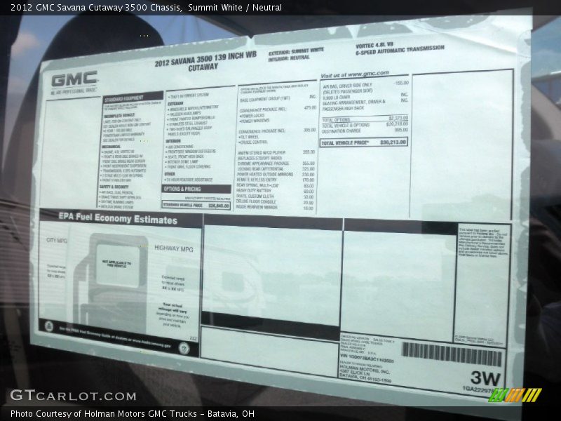  2012 Savana Cutaway 3500 Chassis Window Sticker