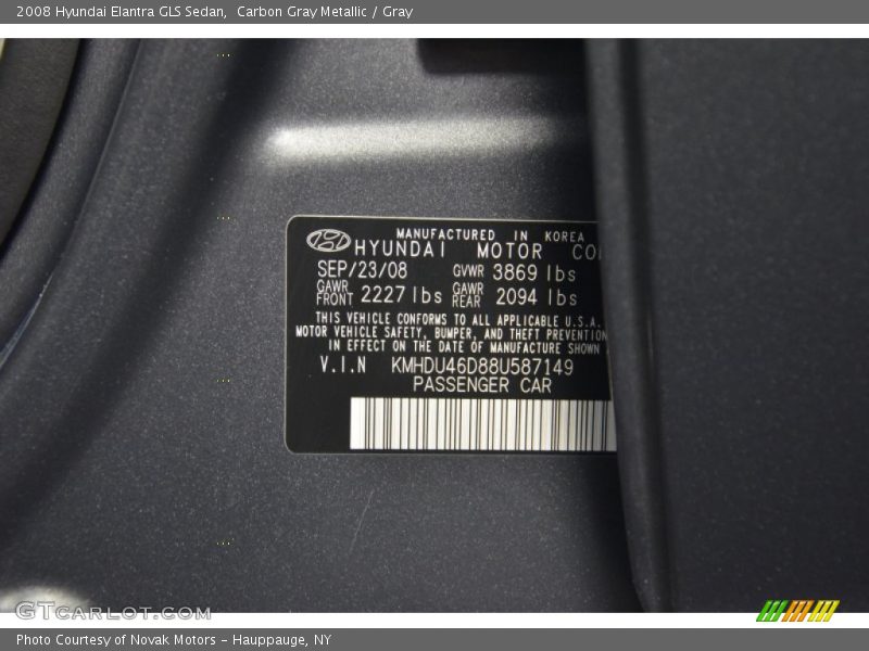 Carbon Gray Metallic / Gray 2008 Hyundai Elantra GLS Sedan