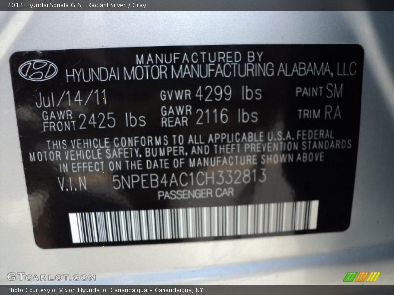 Radiant Silver / Gray 2012 Hyundai Sonata GLS
