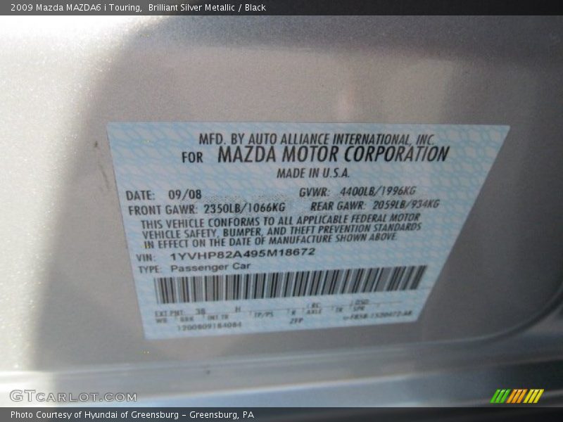 Brilliant Silver Metallic / Black 2009 Mazda MAZDA6 i Touring
