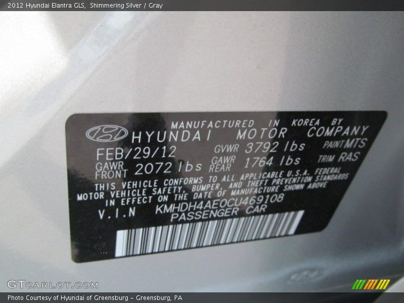 Shimmering Silver / Gray 2012 Hyundai Elantra GLS