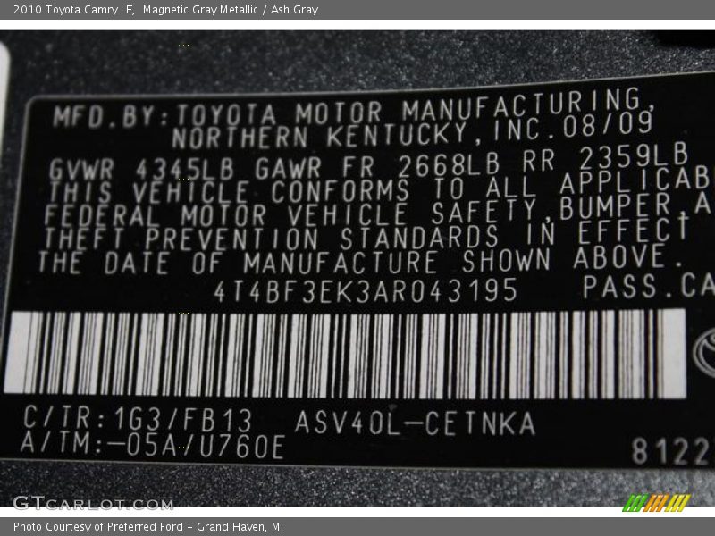 Magnetic Gray Metallic / Ash Gray 2010 Toyota Camry LE