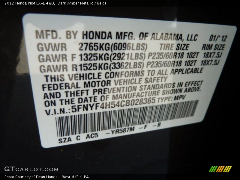 Dark Amber Metallic / Beige 2012 Honda Pilot EX-L 4WD