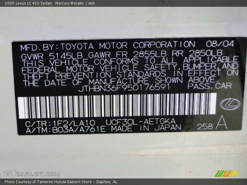 Mercury Metallic / Ash 2005 Lexus LS 430 Sedan