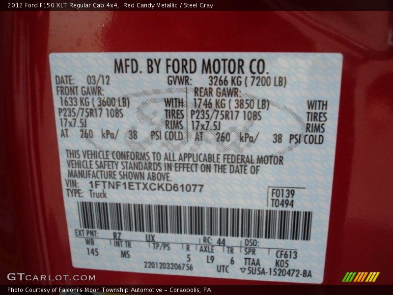 2012 F150 XLT Regular Cab 4x4 Red Candy Metallic Color Code RZ