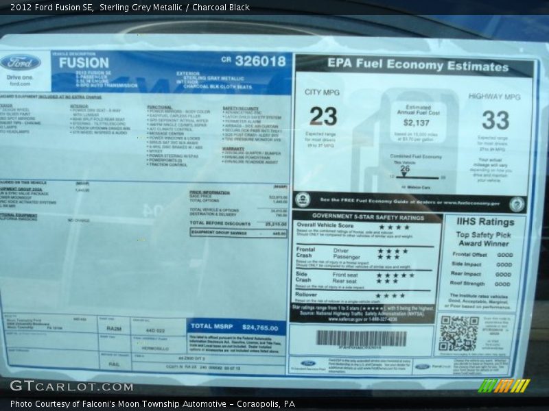 Sterling Grey Metallic / Charcoal Black 2012 Ford Fusion SE