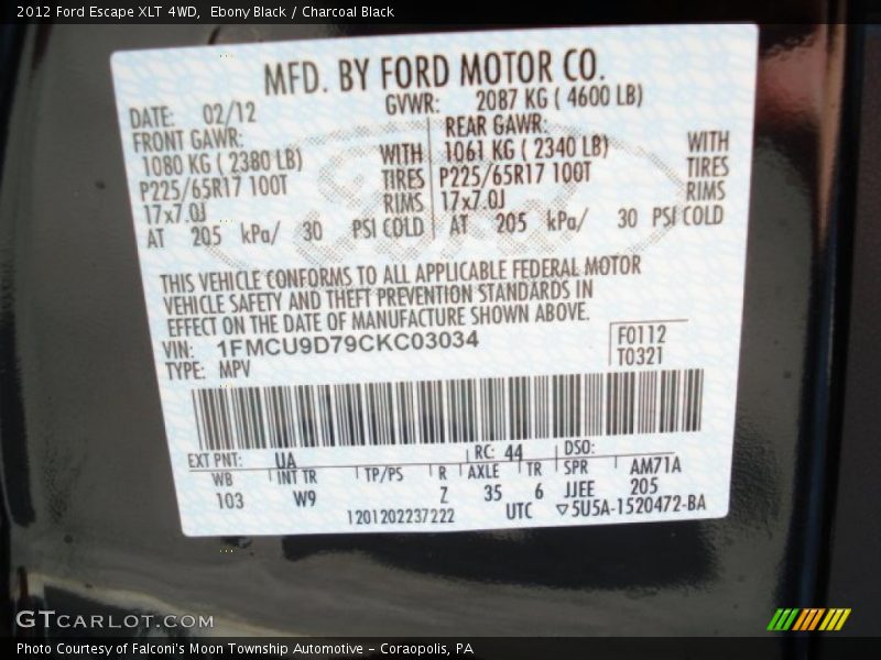 Ebony Black / Charcoal Black 2012 Ford Escape XLT 4WD