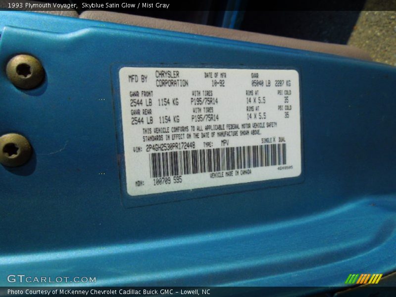 Skyblue Satin Glow / Mist Gray 1993 Plymouth Voyager